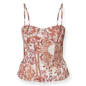 Brown Abstract Border Renaissance Print Structured Corset Top